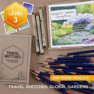 Travel Sketches II: Global Gardens (ink + inktense pencil)